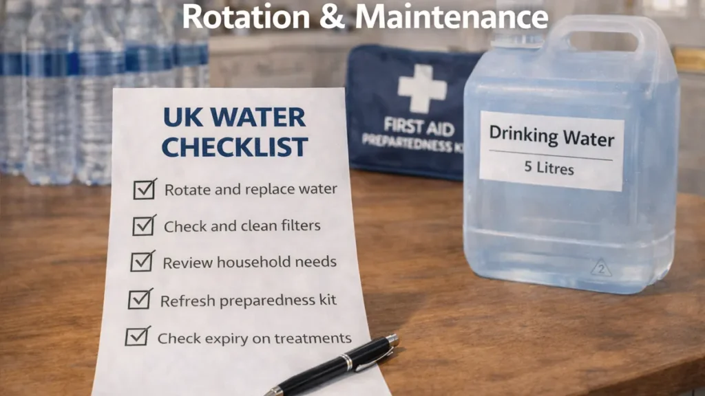 Rotation and maintenance checklist beside a labelled water container in a calm UK kitchen