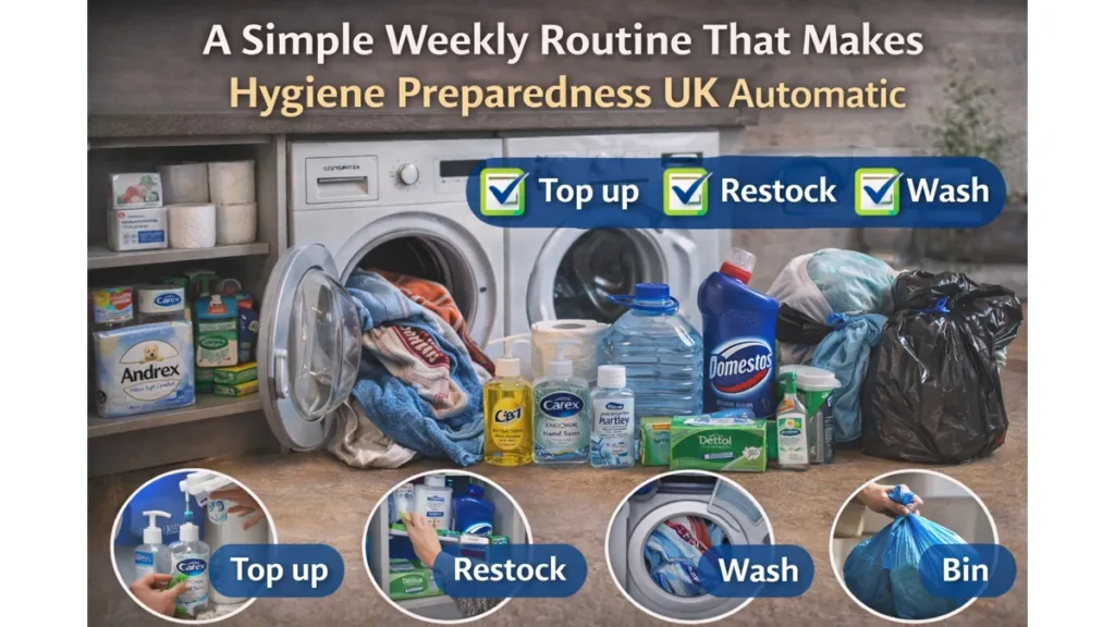 Photorealistic UK utility/laundry area with text overlay “A Simple Weekly Routine That Makes Hygiene Preparedness UK Automatic,” showing a washing machine, restocked hygiene items, cleaning supplies, and bin bags with checklist-style labels.