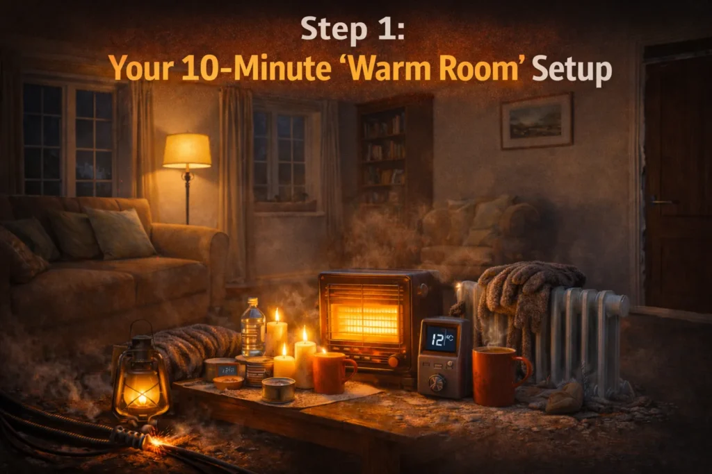 A UK living room set up as a warm room during a power cut, with blankets, a portable heater, lantern lighting, and hot drinks on a coffee table. power cuts and home warmth uk