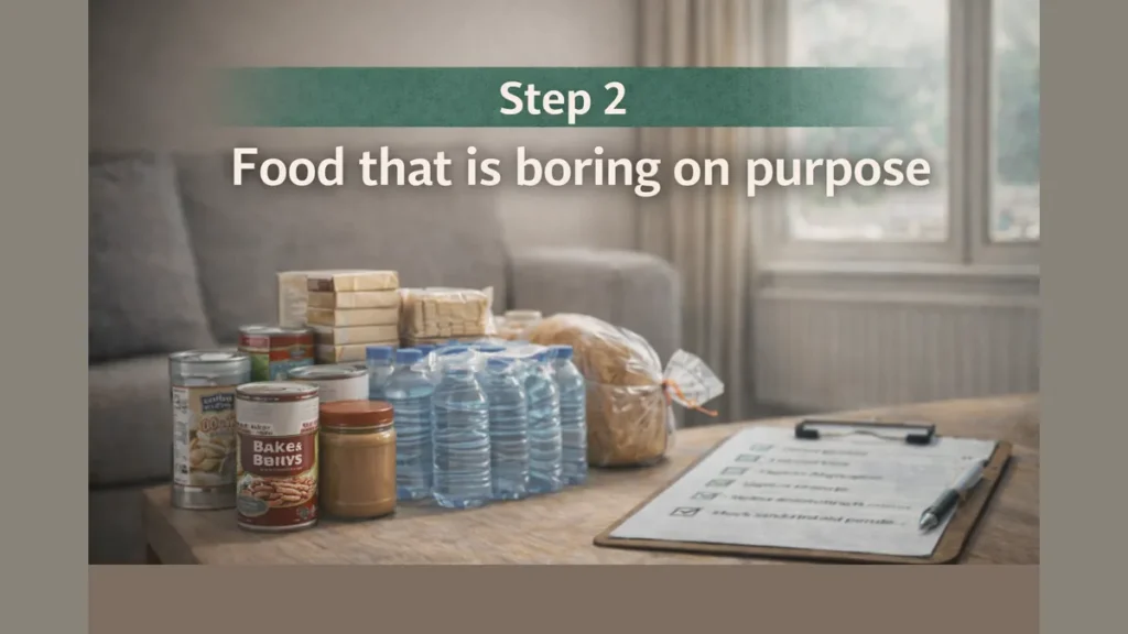 Step 2 “Food that is boring on purpose” at the top over a calm UK living room scene with simple cupboard food items on a coffee table beside a checklist.