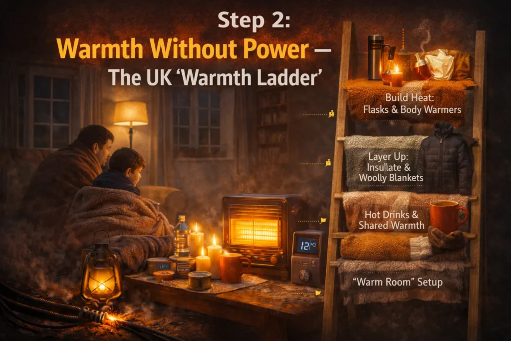 UK family staying warm during a power cut using blankets, hot drinks, and layered warmth methods in a living room.