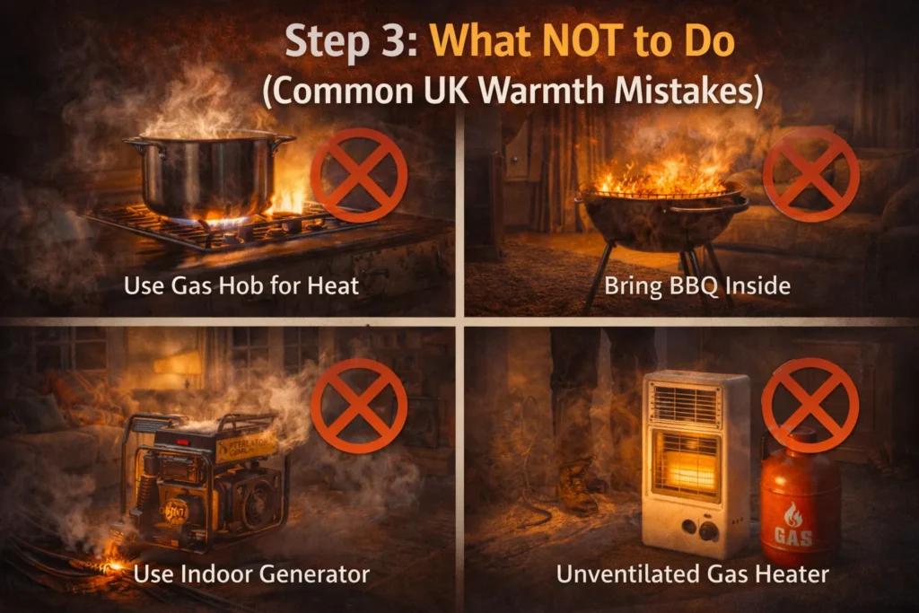 Common UK warmth mistakes during power cuts, including using a gas hob, indoor BBQ, generator, and unventilated gas heater.