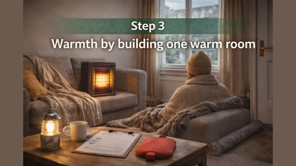 Step 3 “Warmth by building one warm room” at the top over a calm UK living room scene with a person wrapped in blankets, a warm heater glow, and a coffee table with a checklist, mug, lantern, and hot water bottle.
