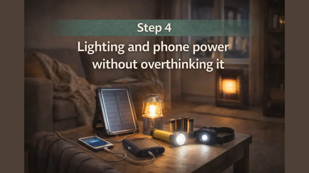 Step 4 “Lighting and phone power without overthinking it” at the top over a calm UK living room coffee table with a charging phone, power bank, torch, lantern, and spare batteries.
