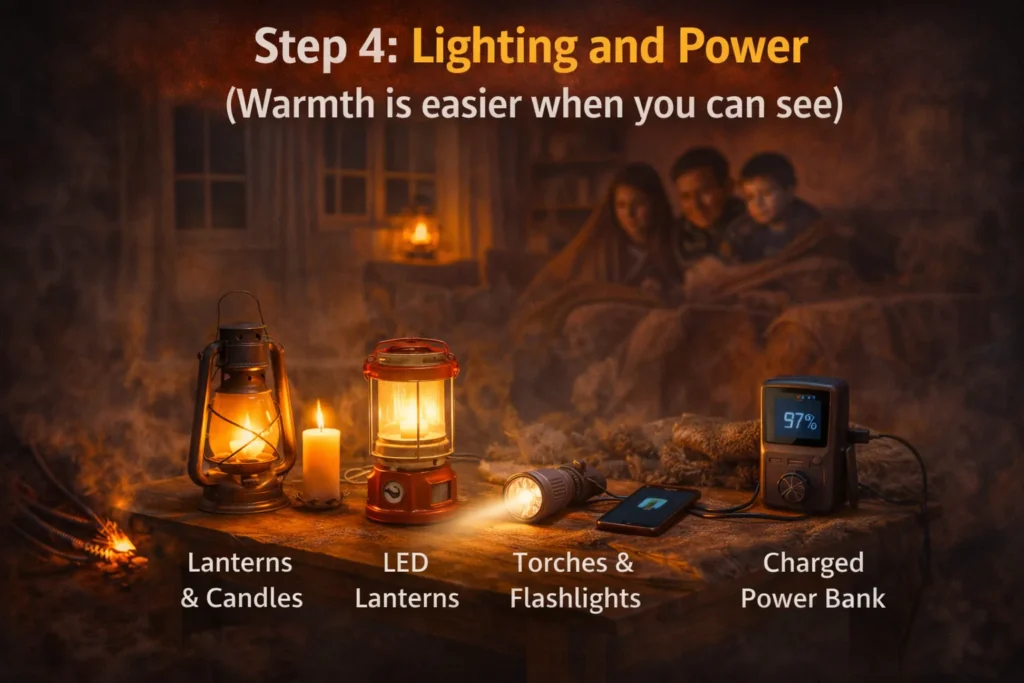 UK living room during a power cut with lanterns, torch, candles and a power bank charging a phone for safe lighting.