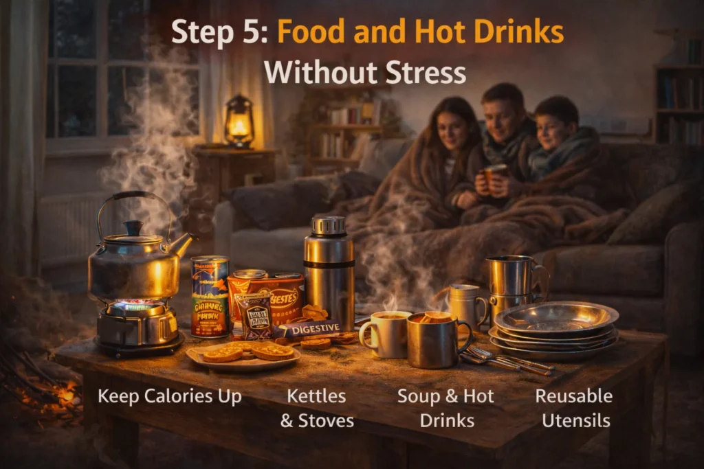 UK living room during a power cut with simple food, hot drinks and a small stove on a table while a family stays warm under blankets.