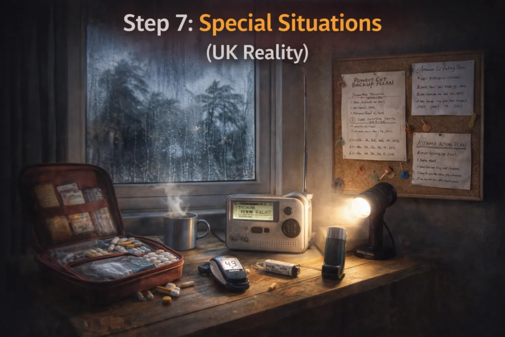 UK power cut “special situations” setup with medication kit, torch, radio, and written plans on a table by a rainy window.