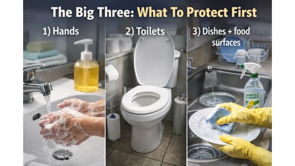 Photorealistic UK hygiene collage with text overlay listing “1) Hands, 2) Toilets, 3) Dishes + food surfaces,” showing handwashing at a sink, a clean toilet, and dishwashing in a kitchen sink.