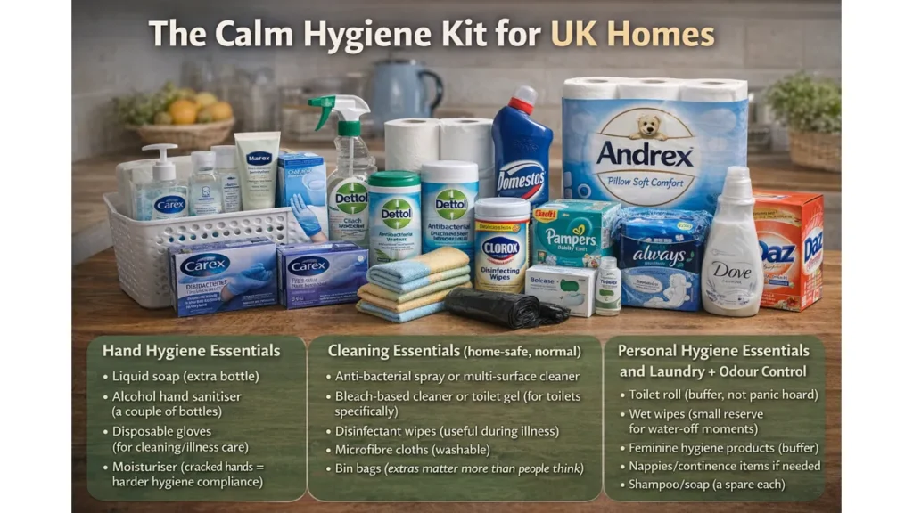 Photorealistic UK kitchen counter with a neatly arranged “Calm Hygiene Kit for UK Homes,” showing hand soap, sanitiser, gloves, cleaning spray, wipes, bin bags, toilet roll, wet wipes, and laundry items with a clear text overlay list.