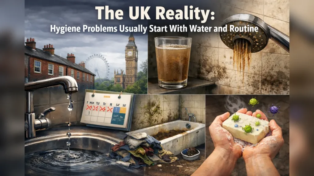 Photorealistic UK home hygiene collage with text overlay, showing a dripping tap, limescale showerhead, cloudy water in a glass, and a bathroom wash setup to illustrate hygiene issues starting with water and routine.