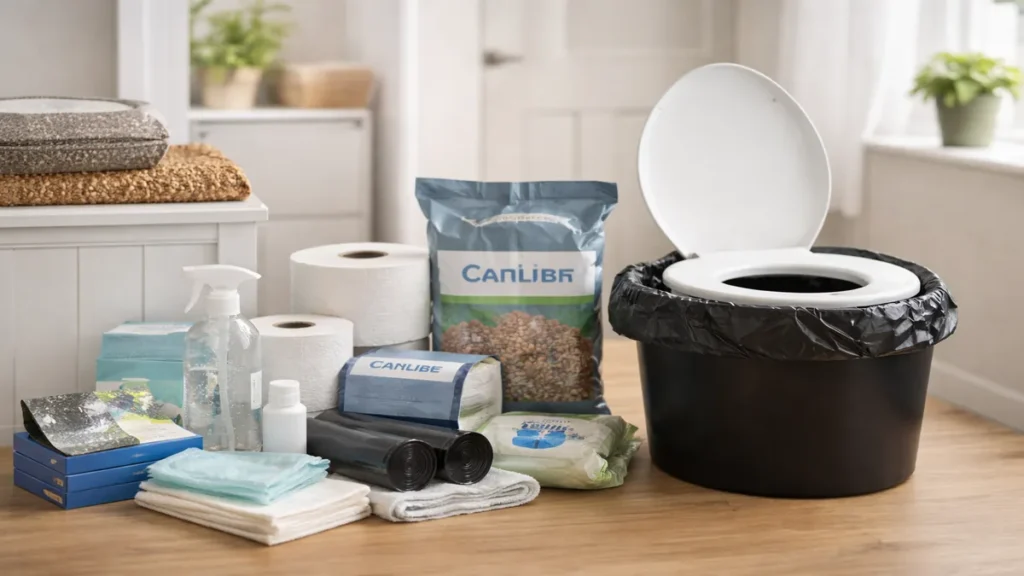 Portable toilet setup in a tidy UK home for when water is off, with lined bucket, toilet seat, cat litter, gloves and toilet roll.