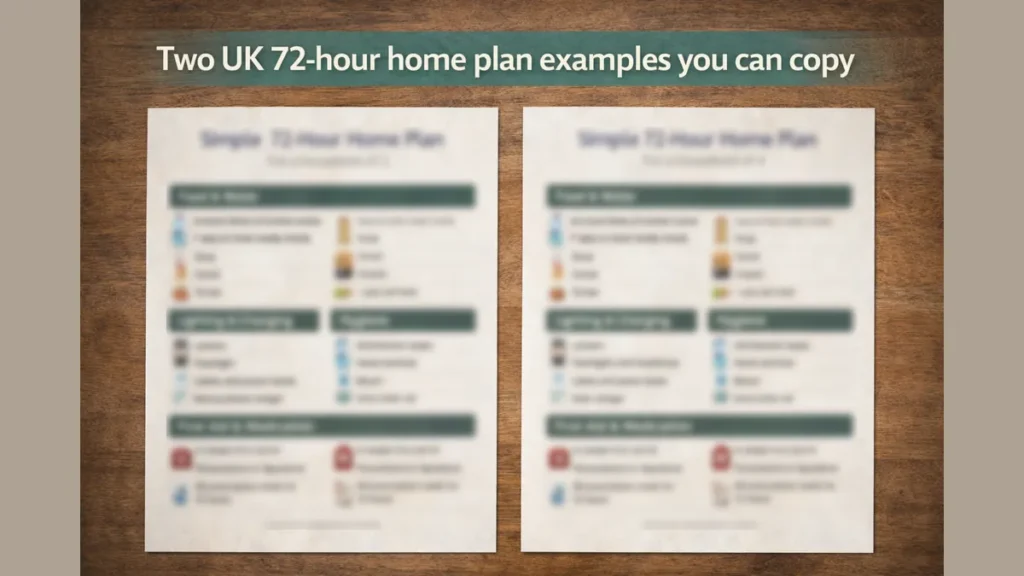 Two UK 72-hour home plan examples shown as two printed checklists on a wooden table, with the headline “Two UK 72-hour home plan examples you can copy” at the top.