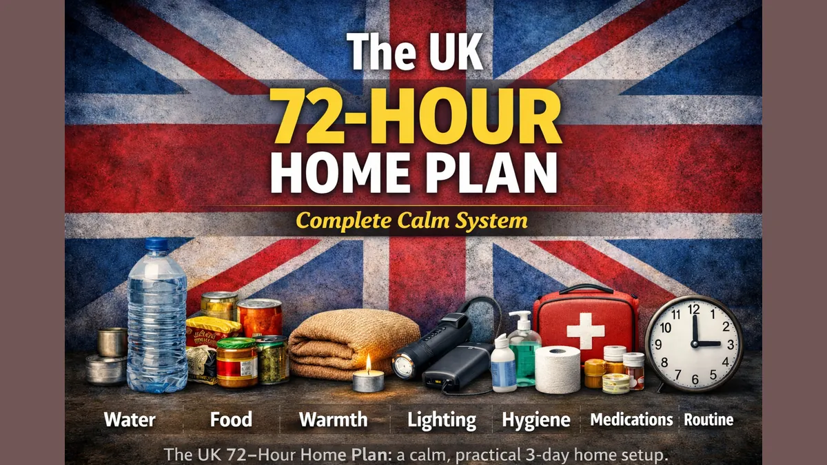 Feature image for a UK 72-hour home plan with Union Jack background, large title text, and a row of everyday items representing water, food, warmth, lighting, hygiene, medications, and routine.