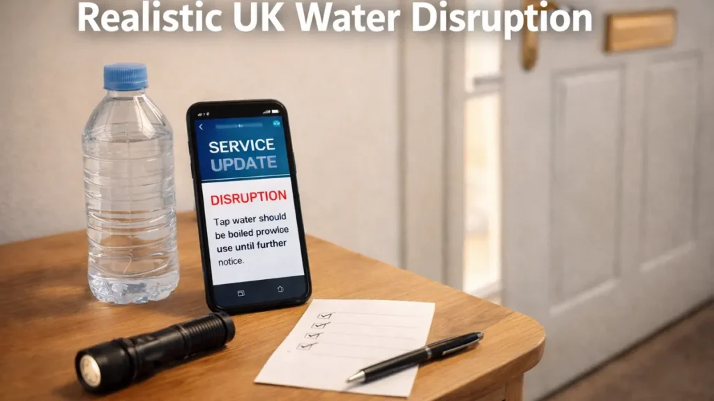 Hallway table with water bottle, phone service update, notepad and pen in a UK home