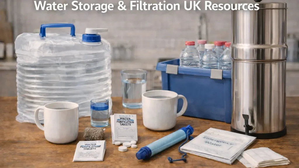 Berkey-style gravity filter with portable water storage and purification essentials on a UK kitchen counter