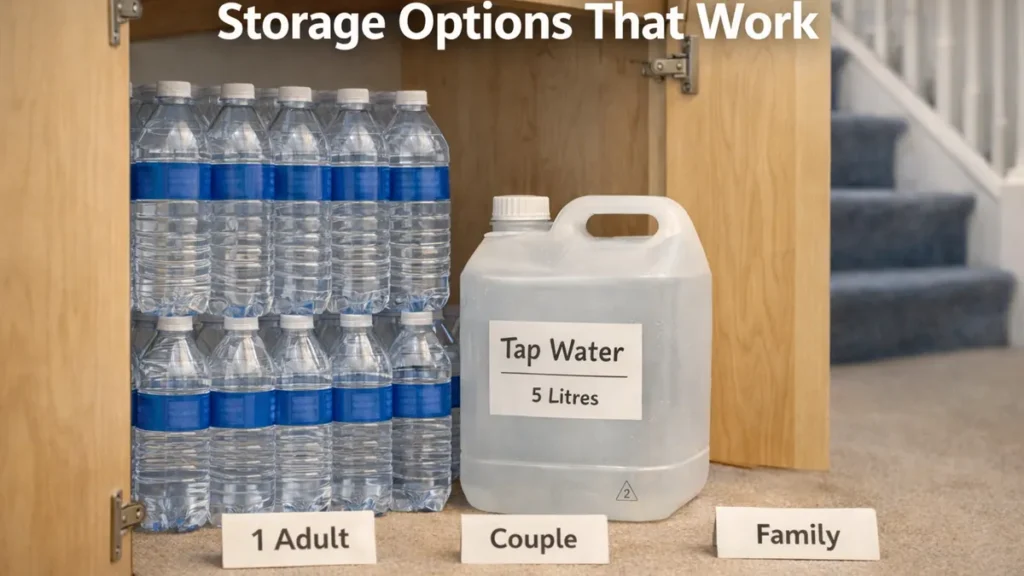 Bottled water and a labelled 5-litre tap water container stored neatly in an under-stairs cupboard