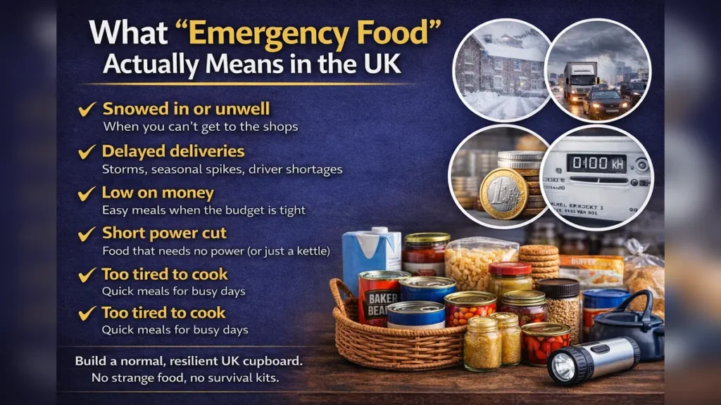 Infographic explaining what “emergency food” means in the UK with five everyday disruption scenarios and cupboard staples.