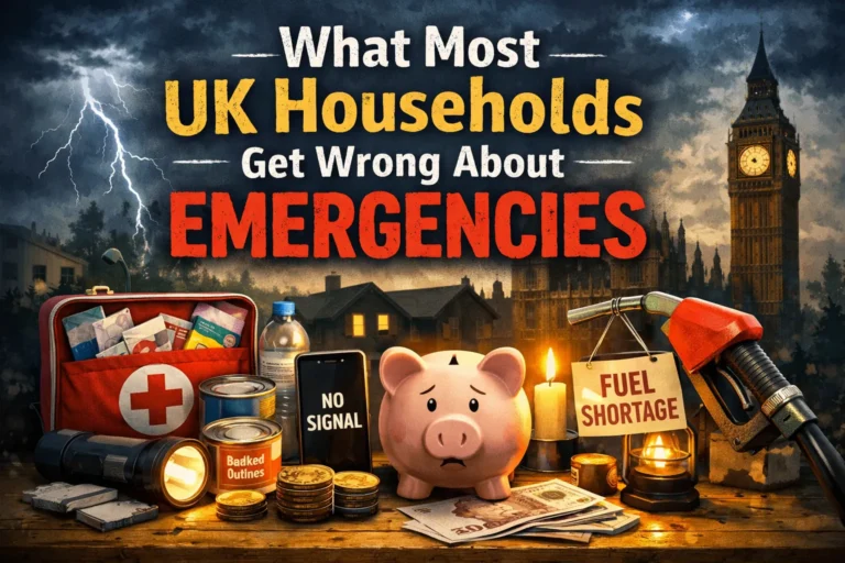 What most UK households get wrong about emergencies, shown through common preparedness mistakes like relying on cash, candles, fuel, and mobile phones during disruptions.