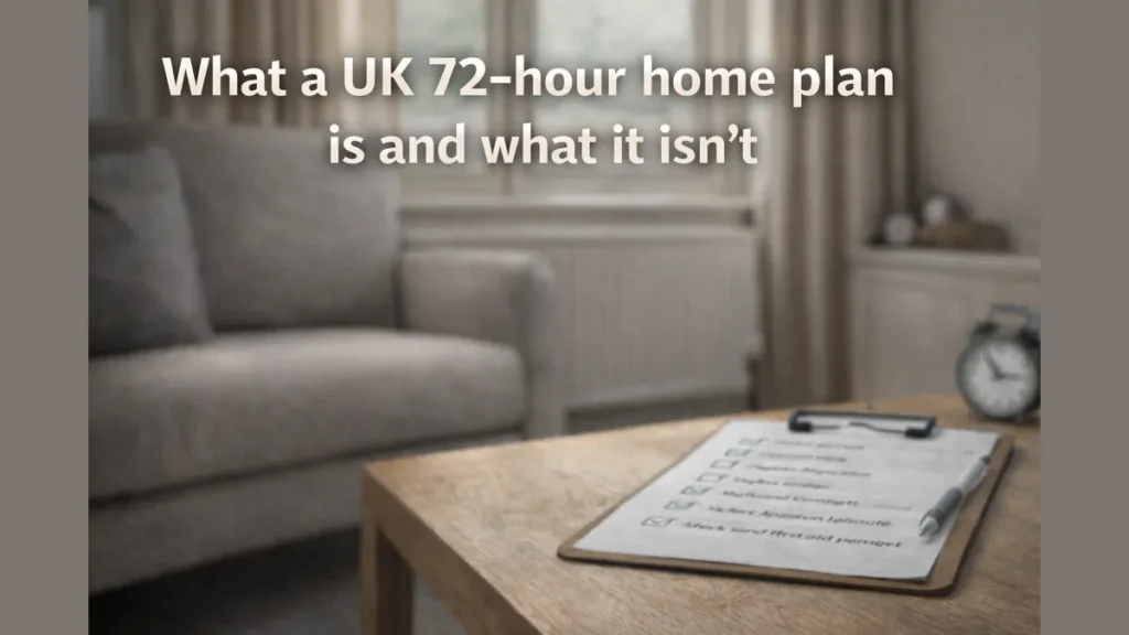 UK living room in calm daylight with a checklist on a coffee table and the headline “What a UK 72-hour home plan is and what it isn't” at the top.