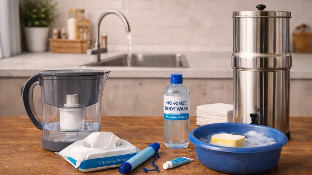 Gravity water filter and simple water-treatment items laid out on a UK kitchen counter