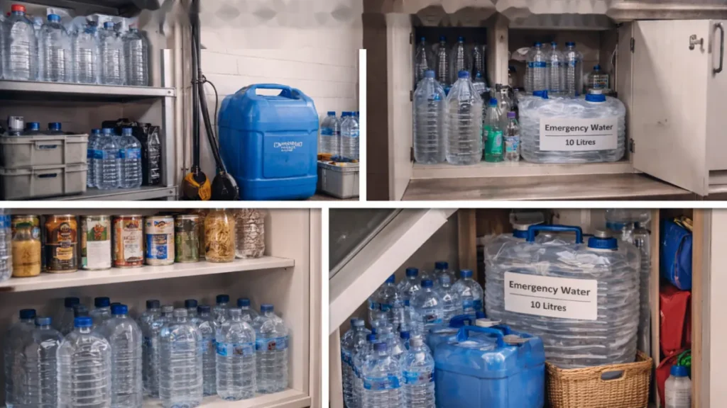 Bottled water and storage containers placed neatly in cupboards and under-stairs spaces in a UK home