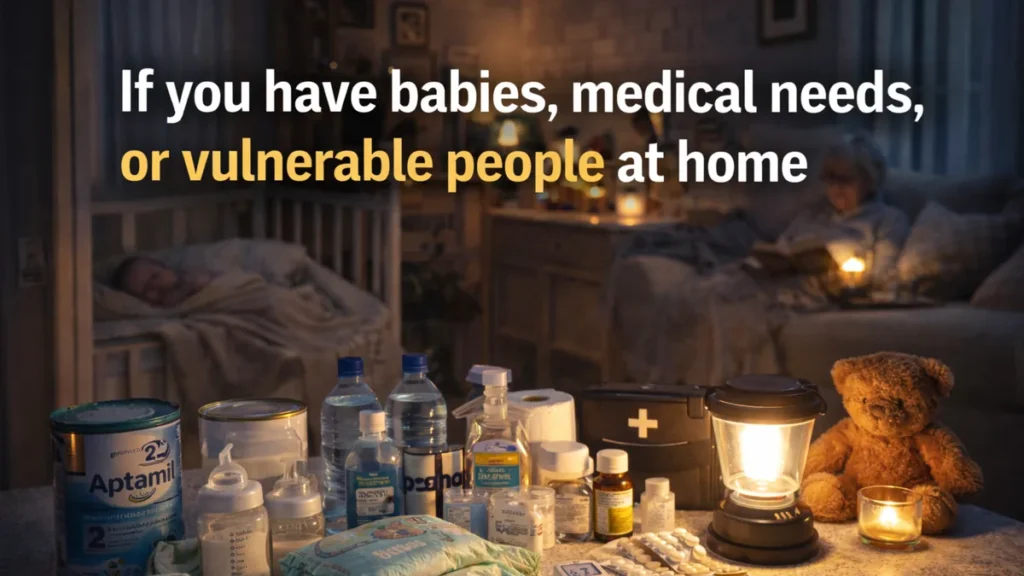 If you have babies, medical needs, or vulnerable people at home cover image showing a calm UK room with a baby asleep in a cot, an older person resting, and essential supplies lit by a lantern.