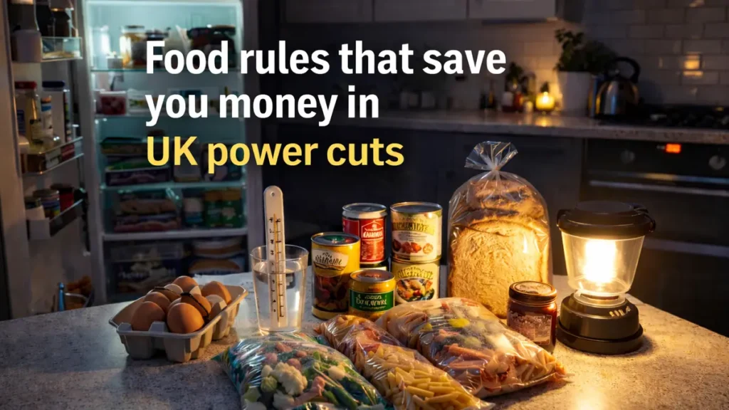 Food rules that save you money in UK power cuts cover image showing an open fridge, a lantern-lit kitchen counter and simple food essentials laid out.