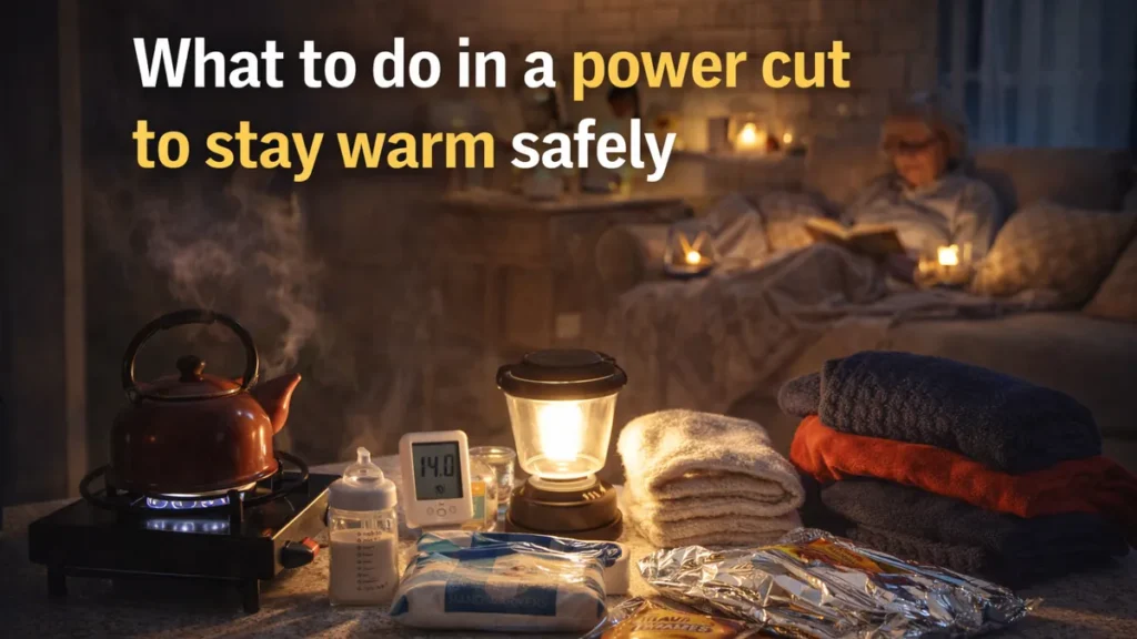 What to do in a power cut to stay warm safely cover image showing a cosy UK living room lit by a lantern, with blankets, extra layers and warm drinks set up.
