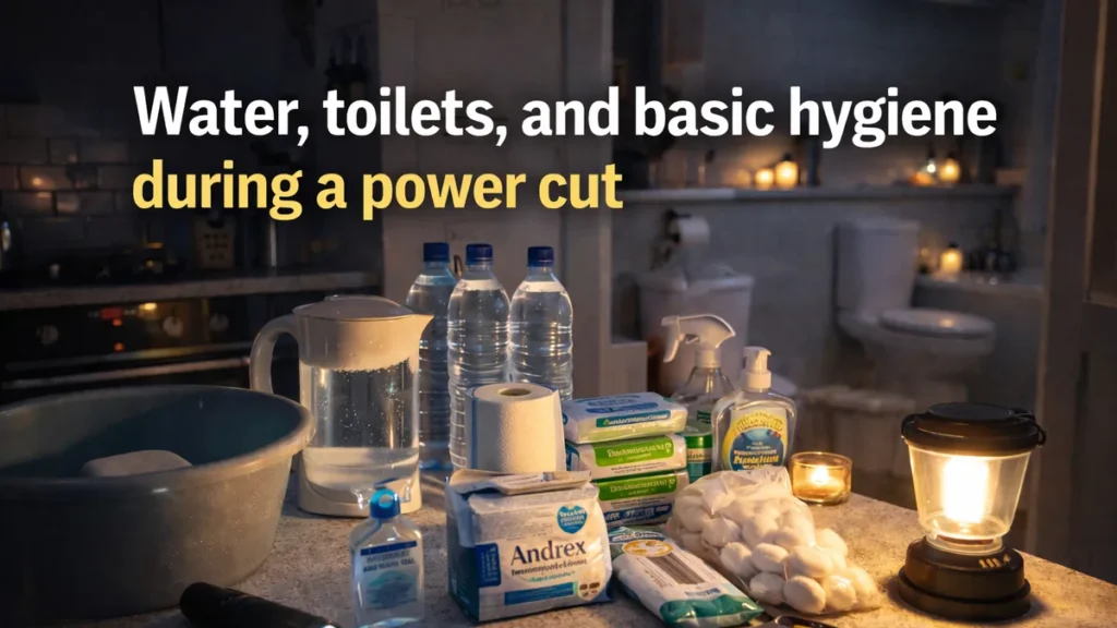 Water, toilets and basic hygiene during a power cut cover image showing a calm UK kitchen with water bottles, wipes, toilet roll, hand gel and a lantern on the counter.