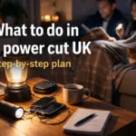 What to do in a power cut UK step-by-step plan cover image showing a calm UK living room lit by a lantern, with a torch, power bank and tinned food on a coffee table.