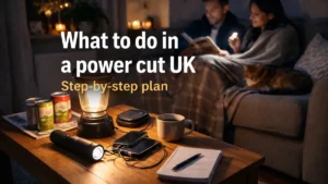 What to do in a power cut UK step-by-step plan cover image showing a calm UK living room lit by a lantern, with a torch, power bank and tinned food on a coffee table.