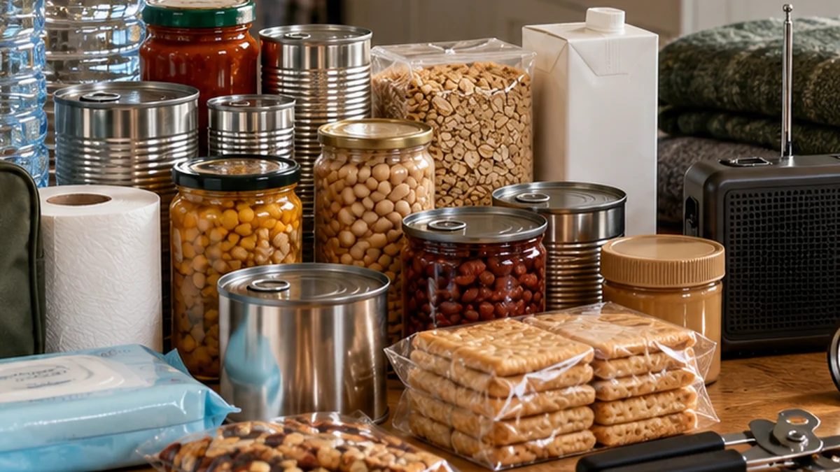 Tinned goods, crackers and beans laid out as emergency food supplies