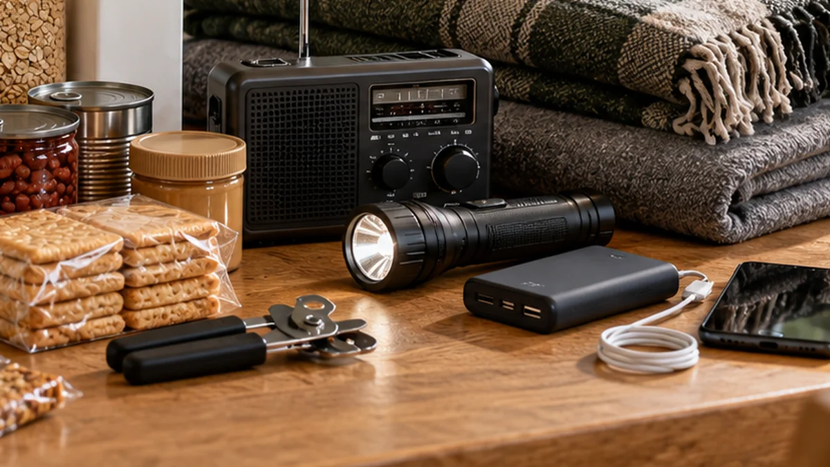 Torch, radio and power bank arranged for a power cut