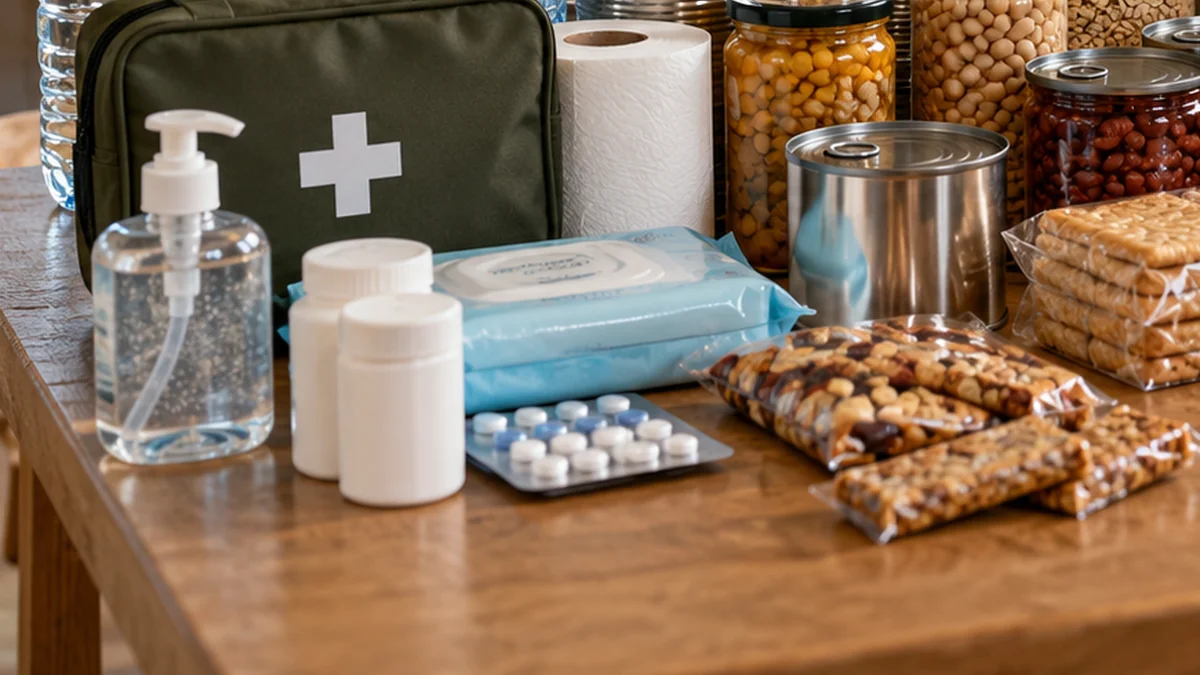 Hygiene products and first-aid supplies in an emergency kit