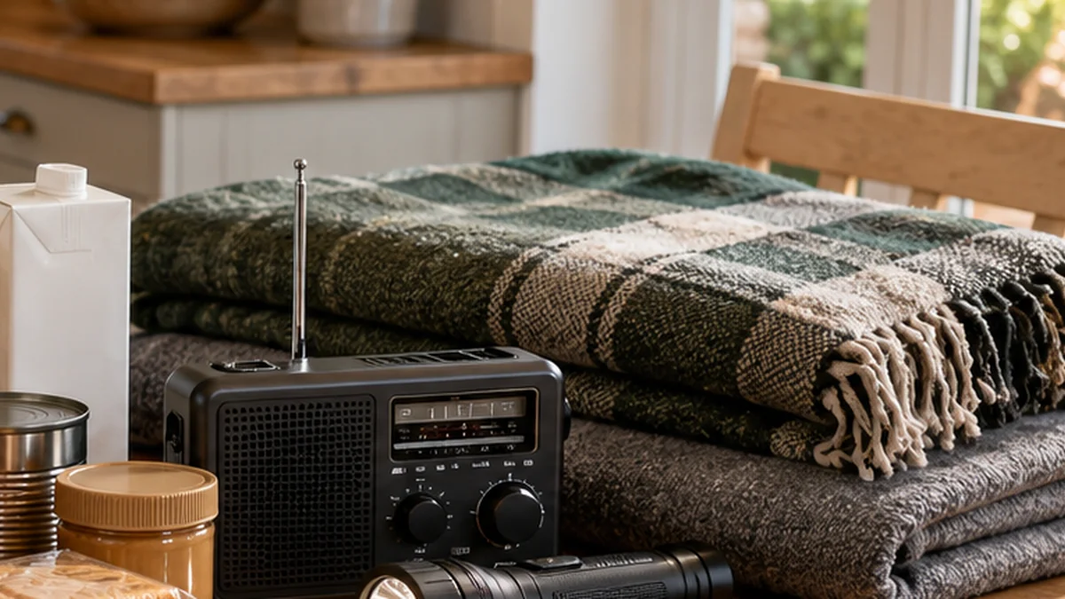 Warm blankets beside an emergency radio
