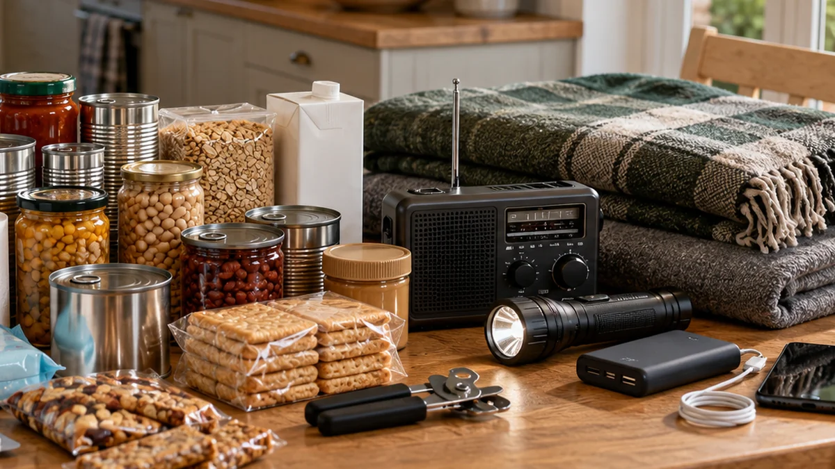 Home preparedness supplies including radio, blankets and cupboard food