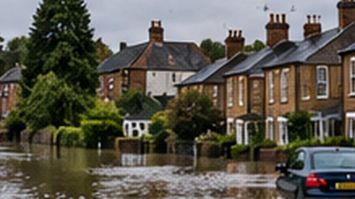 Floodwater covering a residential British street